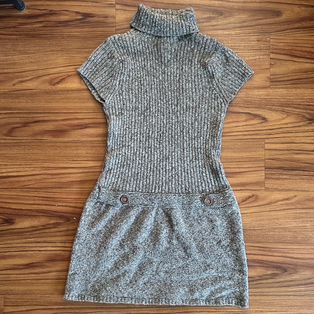 Vintage grey knit turtleneck mini sweater dress